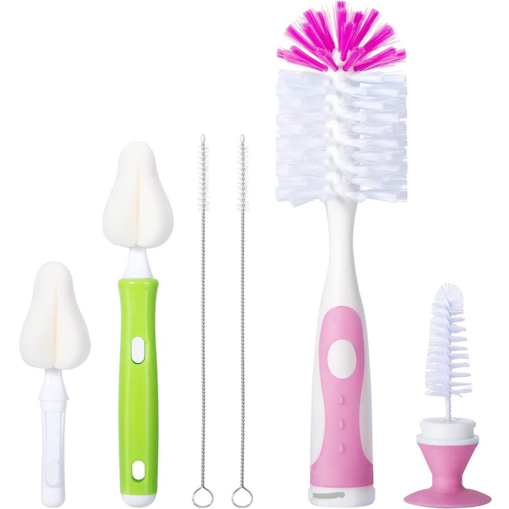 CAREBABYMORE Baby Bottle Brush with One Base Hidden Nylon Nipple Cleaner, 2 Pcs Sponge Nipple Brushes, 2 Pcs Straw Brushes, Bottle Brush with Nipple Cleaner and Suction Cup (Pink)