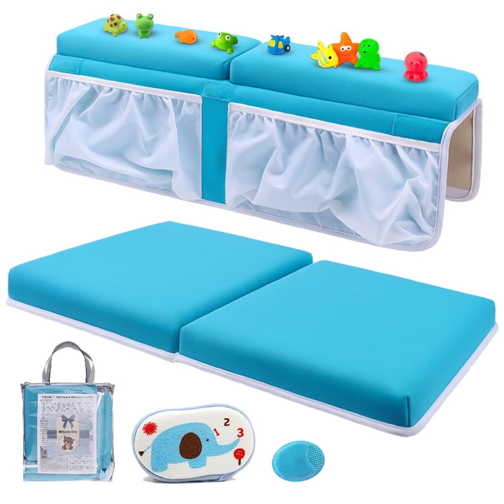 Bath Kneeler and Elbow Rest Set Thick Baby Bath Kneeling Pad Bathing Kneeling Mat Cushion Washable Padded Bathtub Knee Saver with Arm Support and Pockets Organizer for Bathroom Bathtime Comfort, Blue