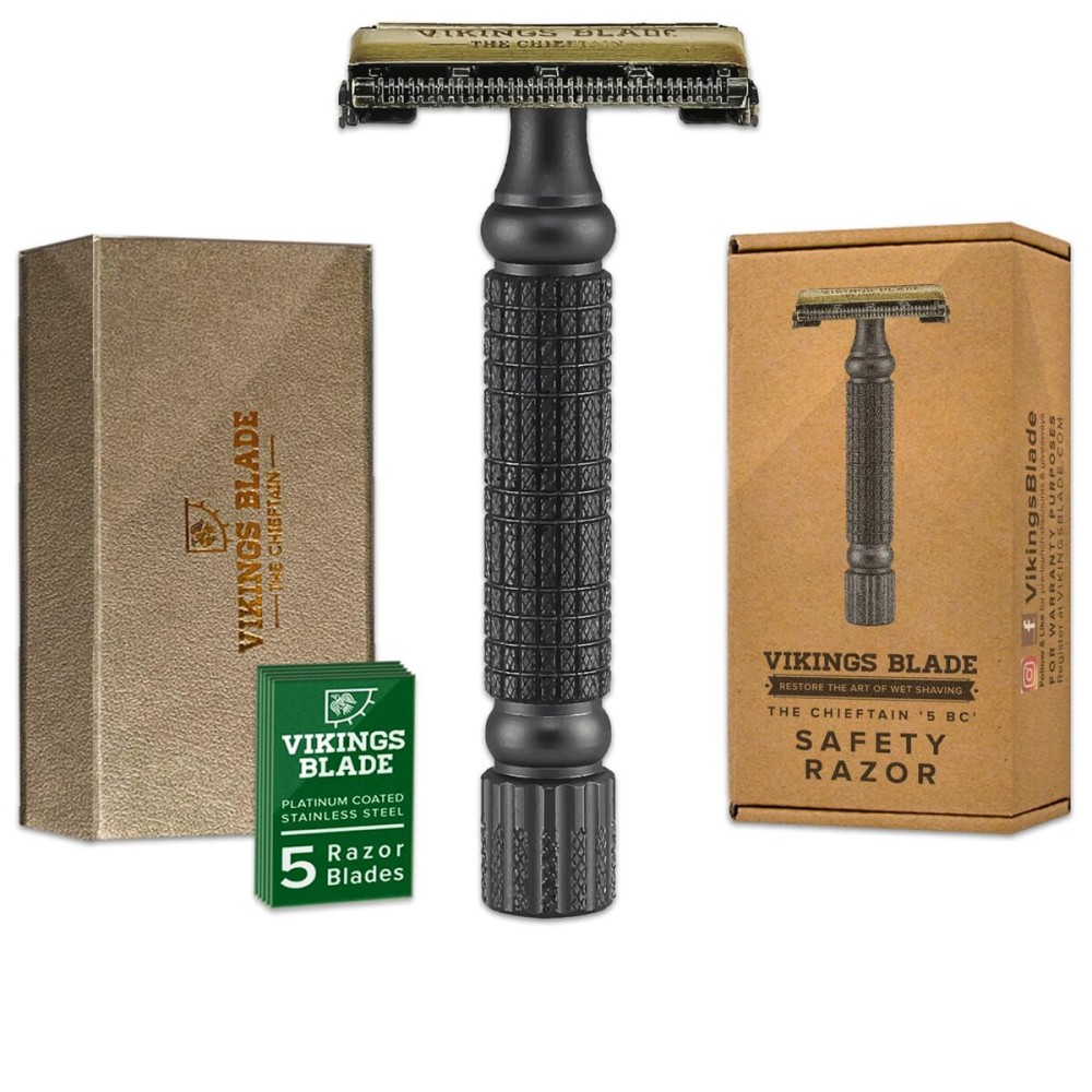 VIKINGS BLADE Double Edge Safety Razor for Men + 5 Swedish Steel Blades + Luxury Case. Smooth, Reusable, Recyclable (Chieftain 5 BC)