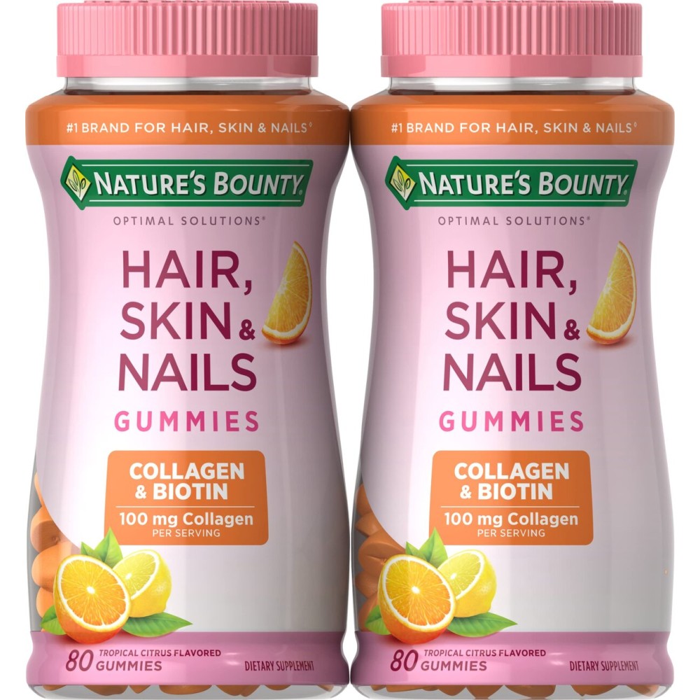 Nature\'s Bounty Hair, Skin & Nails with Biotin and Collagen, Citrus-Flavored Gummies Vitamin Supplement, Supports Hair, Skin, and Nail Health for Women, 2500 mcg, 80 Ct (2 Pack), 80 Total Servings
