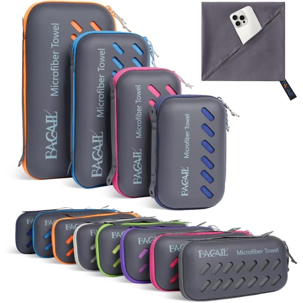 BAGAIL Camping Towel with EVA Case, Compact & Ultra Soft Microfiber Travel Towel - Super Absorbent & Lightweight Quick Dry Towels for Sports, Beach, Gym, Backpacking, Hiking and Yoga - Dark Grey, XXS
