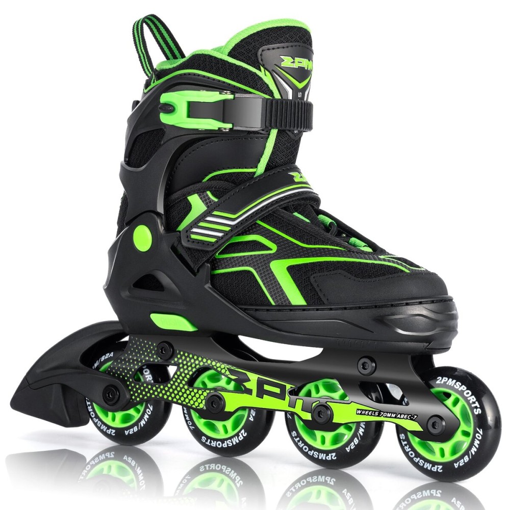 2PM SPORTS Torinx Green Boys Adjustable Inline Skates, Fun Beginner Roller Skates for Kids, Youth, Girls, Men and Women (Green, Large - Youth (4-7 US))