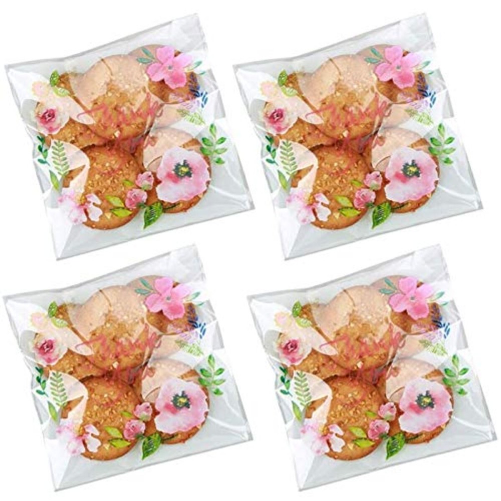 Efivs Arts 200pcs 5.5x5.5in Thank You Candy Bags Individual Cookie Wrappers Pink Flower Self Adhesive OPP Cookie Bakery Bags Roasting Treat DIY Translucent Plastic pouches
