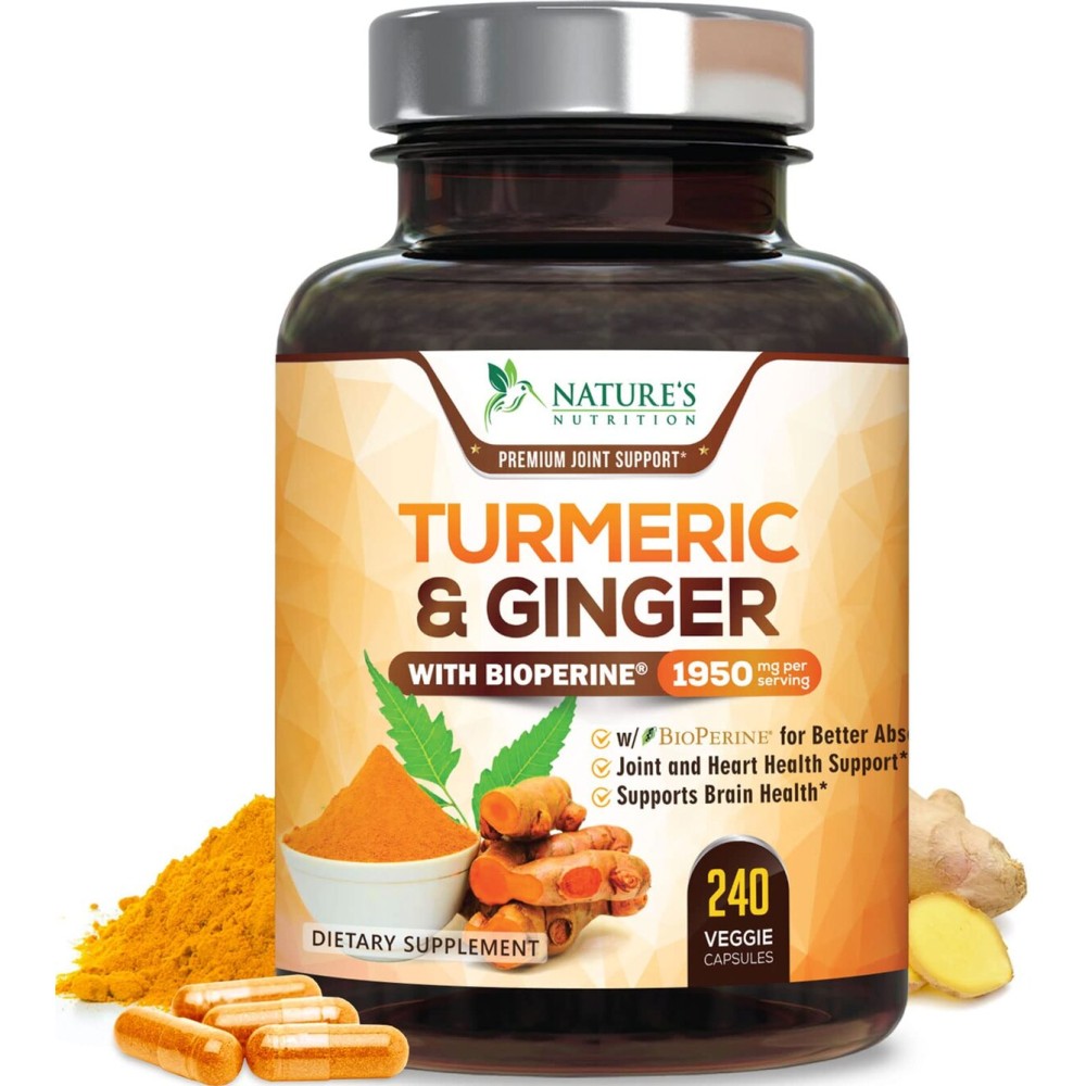 Turmeric Curcumin Supplement 1950mg - 95% Curcuminoids with Organic Turmeric & Ginger, BioPerine Black Pepper for Best Absorption, Nature\'s Vegan Joint Support, Non-GMO, Bottled in USA - 240 Capsules