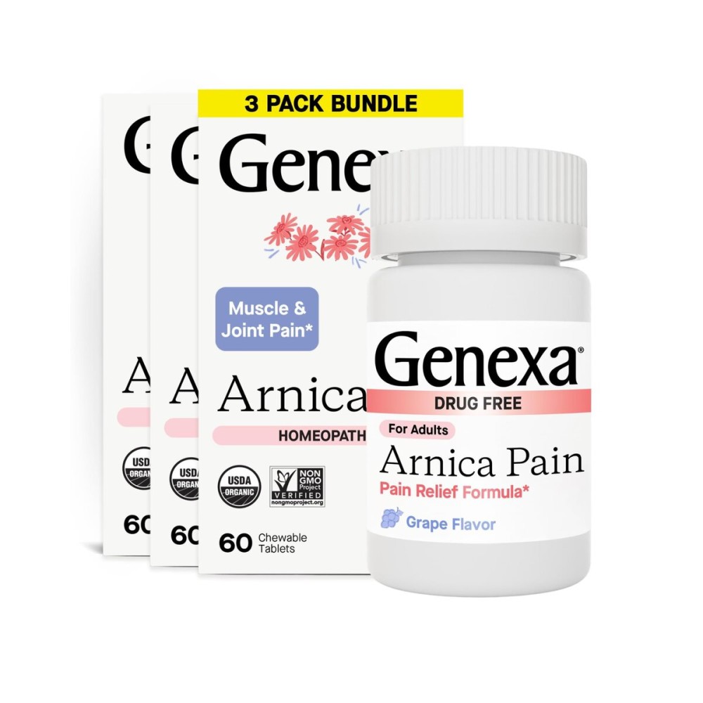 Genexa Arnica Tablets for Pain Relief Formula | Alleviate Muscle & Joint Pain, Soreness, & Stiffness | Delicious Organic Grape Flavor | Homeopathic Remedy Made Clean | 300 Chewable Tablets (3 Pack)