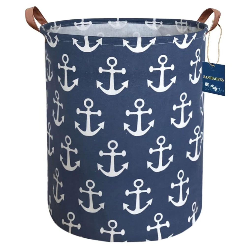 Sanjiaofen Kids Hamper,Collapsible Laundry Baskets,Waterproof Storage Baskets with Leather Handle,Nautical Decor,Toy Organizer (Navy Blue Anchor)