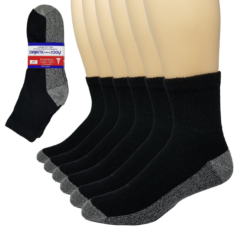 Debra Weitzner 6 Pairs Diabetic Ankle Socks Reinforced Heel and Toe Non-Binding Cushion Socks for Men and Women Black/Black Sole 9-11