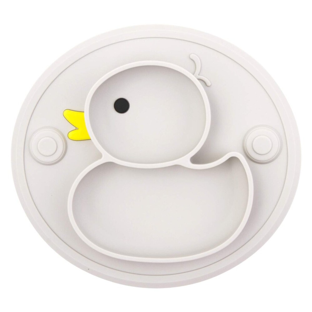 Linowos Baby Divided Plate Silicone- Portable Non Slip Child Feeding Plate with Suction Cup for Children Babies and Kids BPA Free Baby Dinner Plate Microwave Dishwasher Safe  (Duck-Gray)