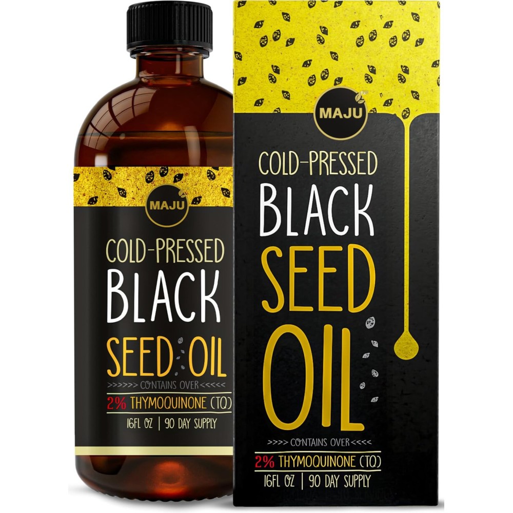 MAJU\'s Black Seed Oil 16oz: 3X Thymoquinone, Cold Pressed, 100% Turkish Black Cumin Nigella Sativa Seed Oil (Better Than Organic), Non-GMO, 100% Liquid Pure Blackseed, Glass Bottle