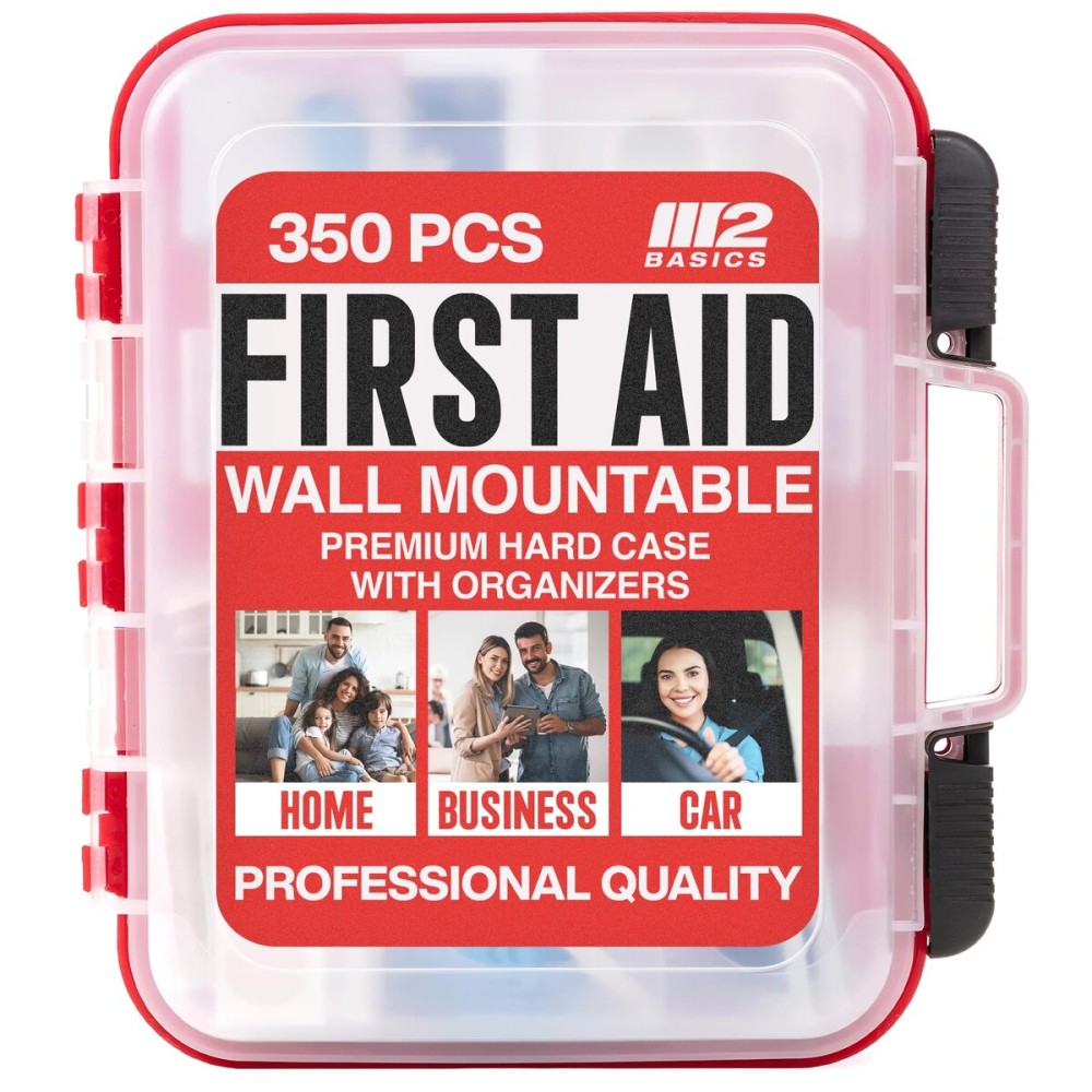 M2 BASICS Professional 350-Piece Emergency First Aid Kit for Car, Home, Office & Business - Organized Dual-Layer Hard Case, Wall-Mountable Medical Supply Organizer, OSHA Workplace Safety