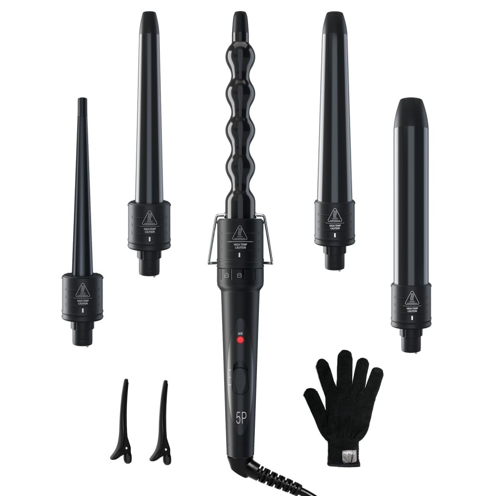 5 in 1 Curling Wand Set: Ohuhu Curling Iron Wand 5Pcs 0.35 to 1.25 Inch Interchangeable Ceramic Barrel Heat Protective Glove 2 Clips Dual Voltage Hair Curler for Girl Women Mother Christmas Gift Black