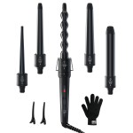 5 in 1 Curling Wand Set: Ohuhu Curling Iron Wand 5Pcs 0.35 to 1.25 Inch Interchangeable Ceramic Barrel Heat Protective Glove 2 Clips Dual Voltage Hair Curler for Girl Women Mother Christmas Gift Black