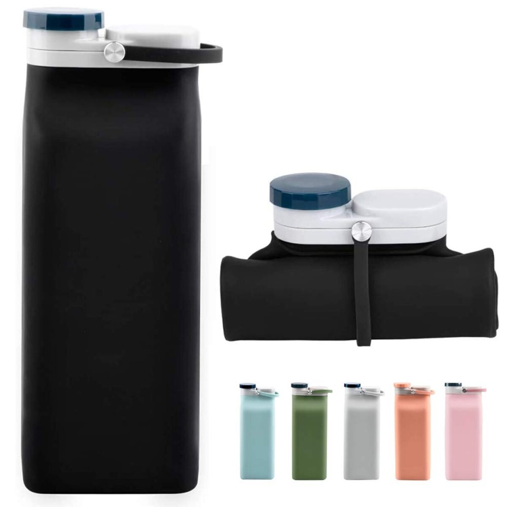E-Senior Collapsible Water Bottle BPA Free - 20 oz Foldable Water Bottle for Travel Sports Bottles with Triple Leak Proof Lightweight (Black)
