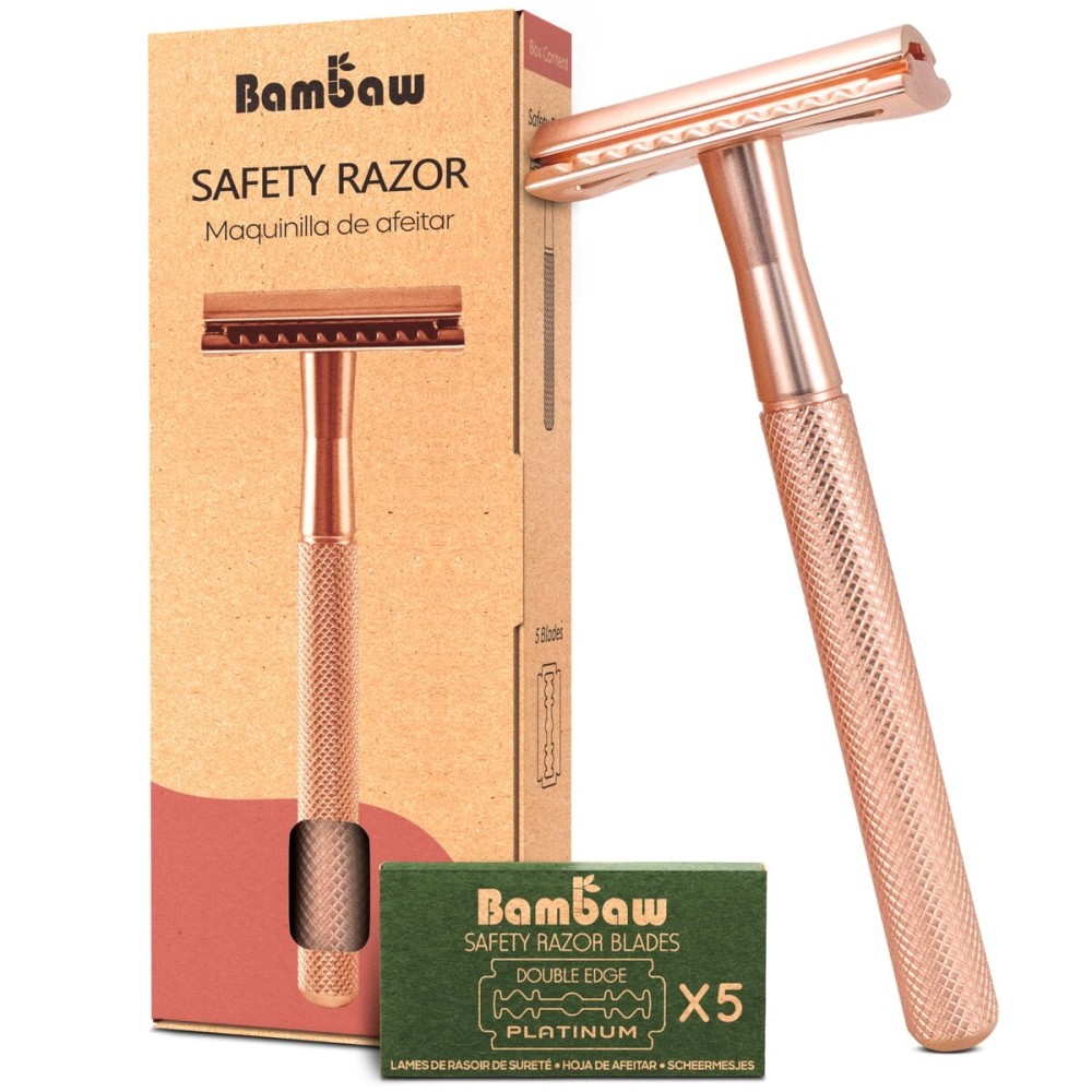 Bambaw Safety Razor for Women with 5 Double Edge Blades, Double Edge Razor, Single Blade Razors for Women and Men, Reusable & Plastic Free - Rose Gold