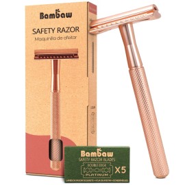 Bambaw Safety Razor for Women with 5 Double Edge Blades, Double Edge Razor, Single Blade Razors for Women and Men, Reusable & Plastic Free - Rose Gold