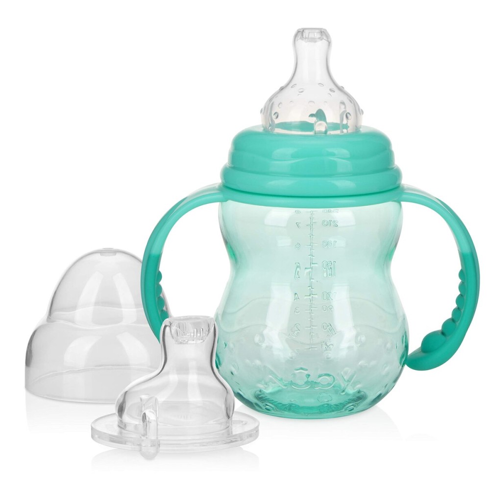 Nuby 3 in 1 Baby Bottle to Training Sippy Cup - 8 Oz Toddler Cups Spill Proof with Soft Spout, Nipple & Removable Grip Handles - Dishwasher Safe (Teal)