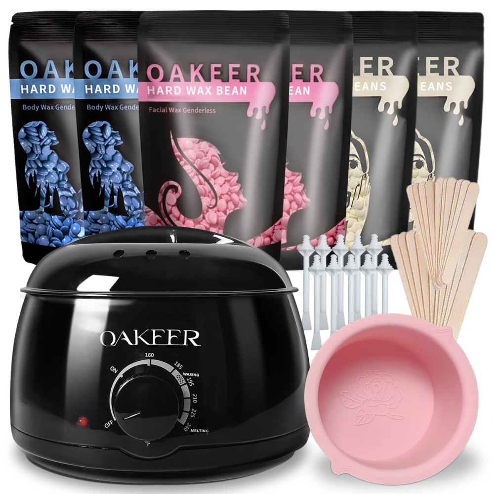 Oakeer Waxing Kit for Women Men, Wax Pot Machine, Wax Warmer for Hair Removal At Home With 6 Bags Beans, Body Waxing For Eyebrows Nose Cheeks Arms Bikinis Legs