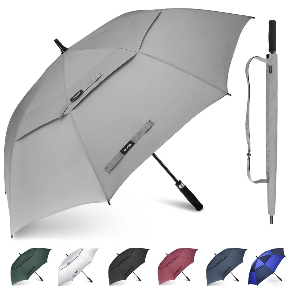 Gonex 68 Inch Extra Large Golf Umbrella, Automatic Open Travel Rain Umbrella with Windproof Water Resistant Double Canopy, Oversize Vented Umbrellas for 2-3 Men and UV Protection, Grey