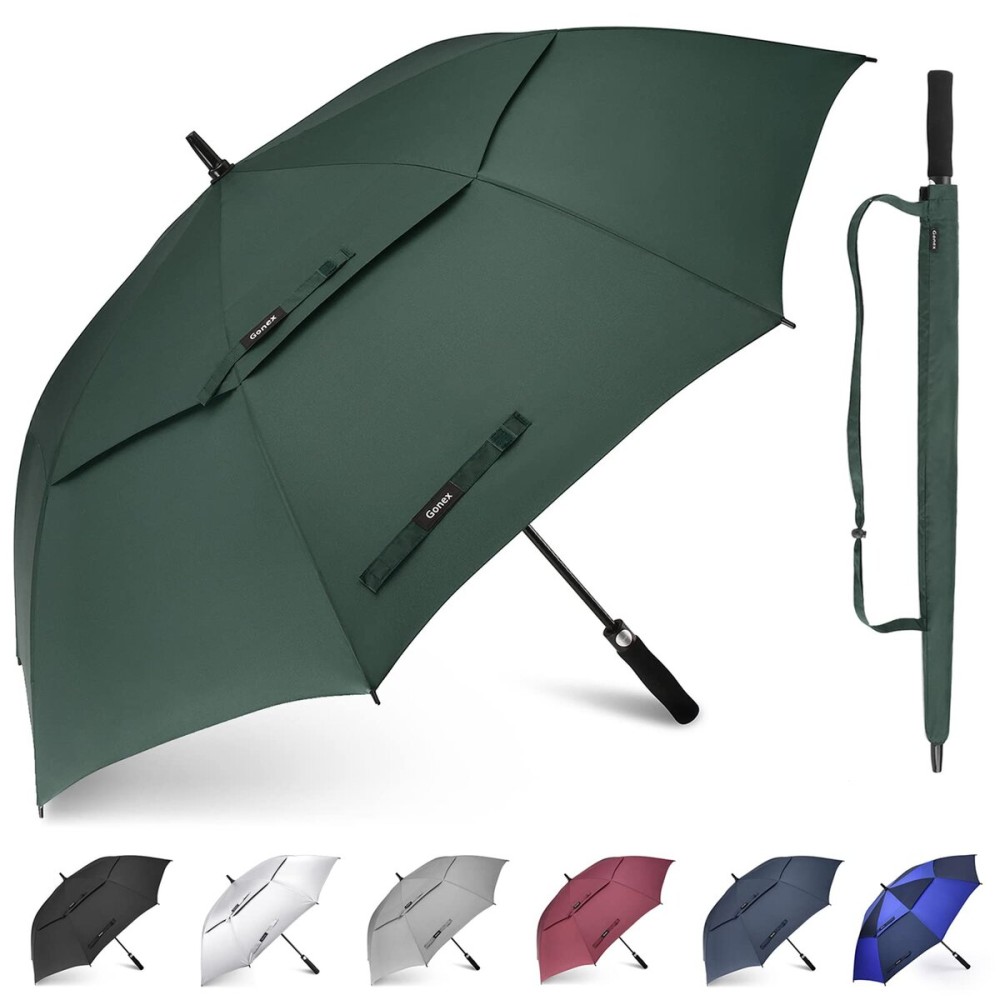 Gonex 62 Inch Extra Large Golf Umbrella, Automatic Open Travel Rain Umbrella with Windproof Water Resistant Double Canopy, Oversize Vented Umbrellas for 2-3 Men and UV Protection, Dark Green