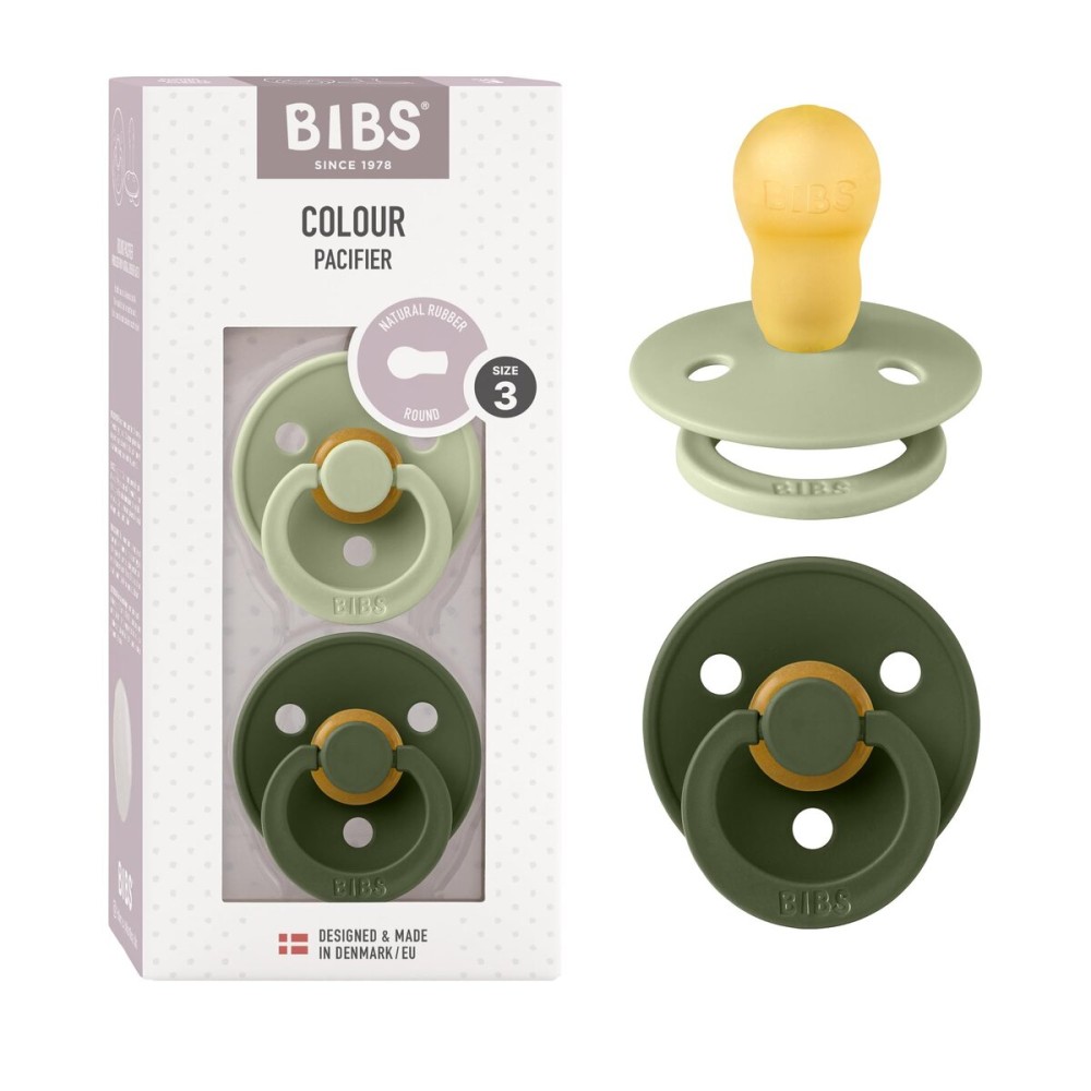 BIBS Pacifiers Colour Collection | Natural Rubber Baby Pacifier | Set of 2 BPA-Free Soothers | Made in Denmark | 18+ Months (Pack of 2) | Sage/Hunter Green