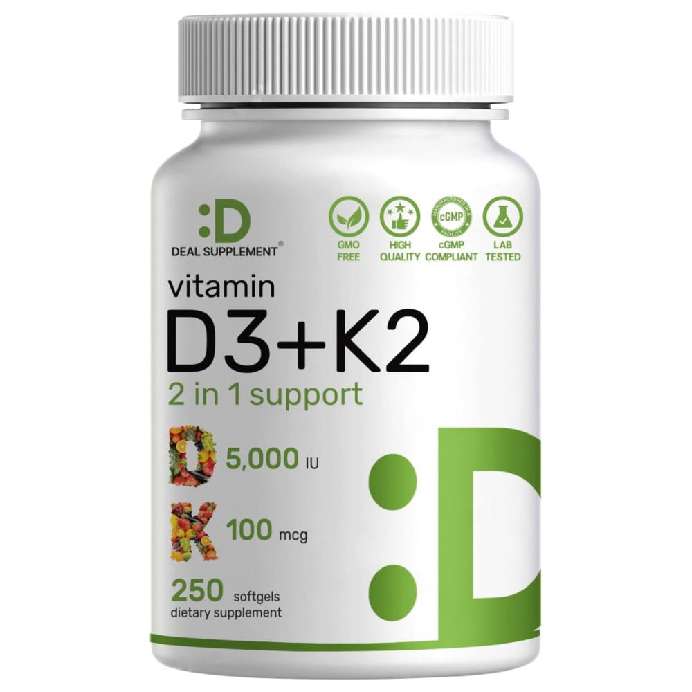 DEAL SUPPLEMENT Vitamin D3 5,000 IU + K2 MK7 Softgels, 250 Count | 2-in-1 Complex | Supports Heart, Bone, Teeth & Immune Health* | Easy to Swallow