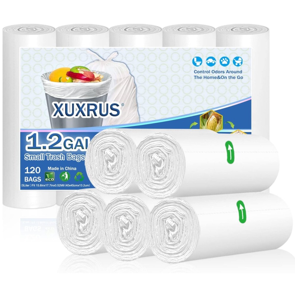 XUXRUS Small Trash Bags 1.2 Gallon - 5 Liter Waste Basket Trash Bags Bathroom Garbage Bags for Toilet,Office,120 Count,White