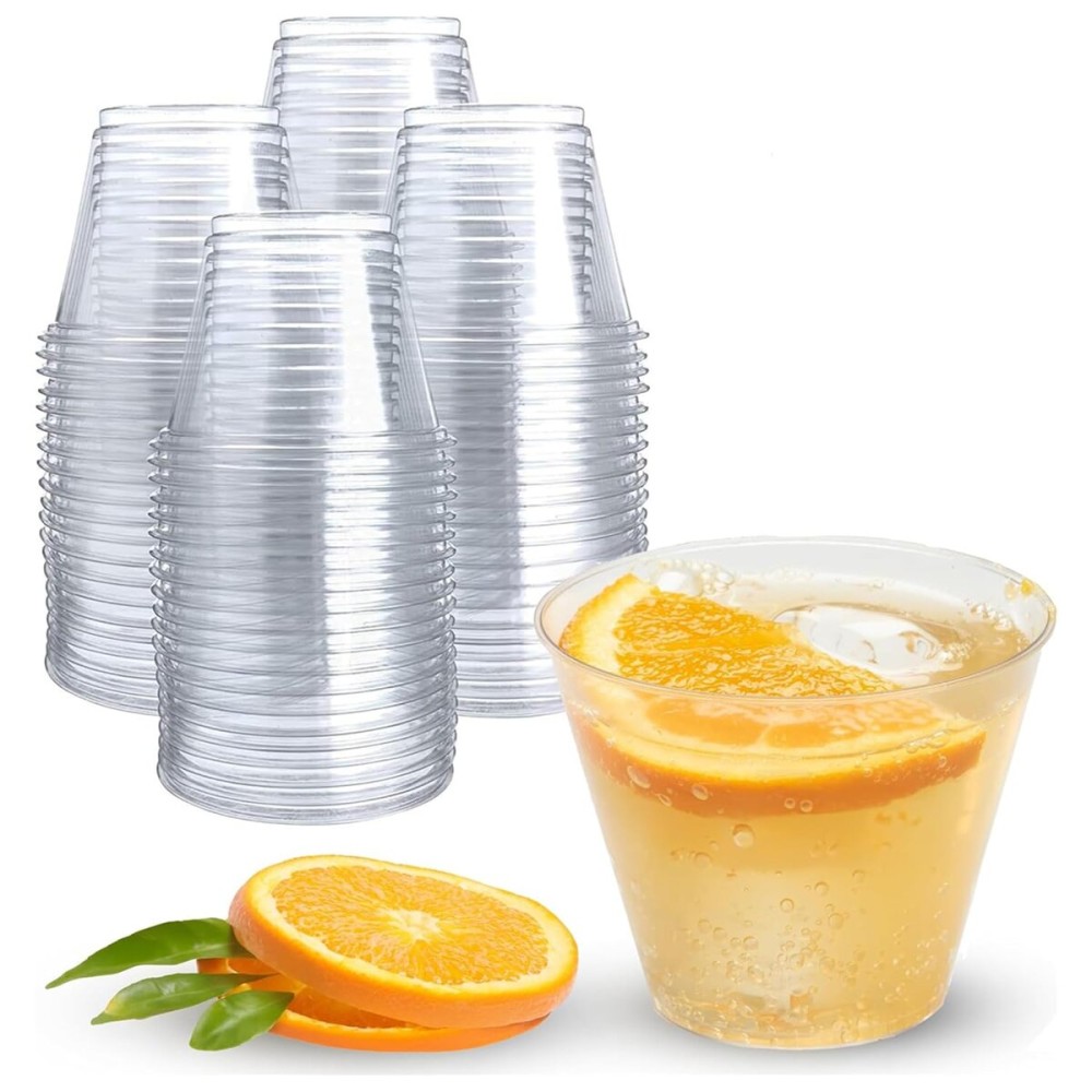 Prestee 50 Pack Plastic Cups - 9 oz Clear Disposable Cups for Cold Beverages, Cocktails, and Desserts - Durable Little Small Cup for Wine, Smoothies, Parties, Events, Catering, and Everyday Gatherings