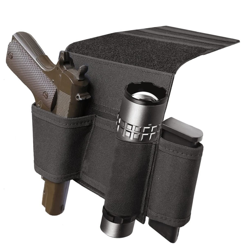 Bedside Pistol Holster, Tactical Bed Side Gun Holster, Under Mattress Handgun Holster with Flashlight Loop Holder