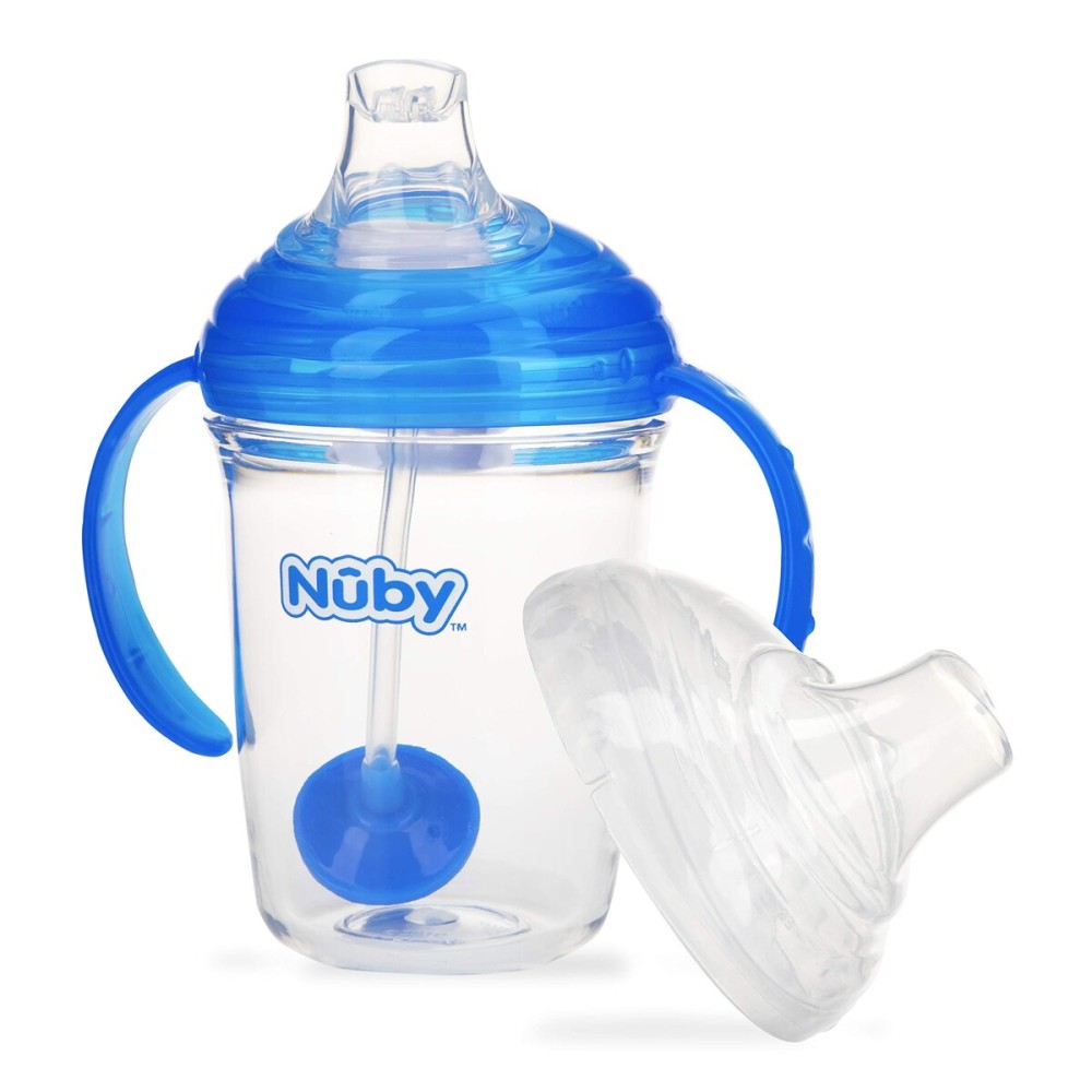 Nuby 360 Grip N\' Sip 8oz Tritan Cup, Weighted Straw with Hygienic Cover, Blue