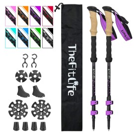 TheFitLife Carbon Fiber Trekking Poles - Collapsible and Telescopic Walking Sticks with Natural Cork Handle and Extended EVA Grips, Ultralight Nordic Hiking Poles for Backpacking Camping (Purple)