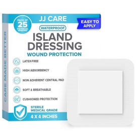 JJ CARE Waterproof Adhesive Island Dressing [Pack of 25], 4 x 4 Sterile Bordered Gauze, Breathable Island Wound Dressing, Individually Wrapped Adhesive Gauze Bandages with Non-Stick Central Pad