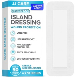 JJ CARE Waterproof Adhesive Island Dressing [Pack of 50], 4 x 10 Sterile Bordered Gauze, Breathable Island Wound Dressing, Individually Wrapped Adhesive Gauze Bandages with Non-Stick Central Pad