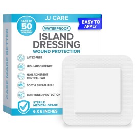 JJ CARE Waterproof Adhesive Island Dressing [Pack of 50], 6 x 6 Sterile Bordered Gauze, Breathable Island Wound Dressing, Individually Wrapped Adhesive Gauze Bandages with Non-Stick Central Pad