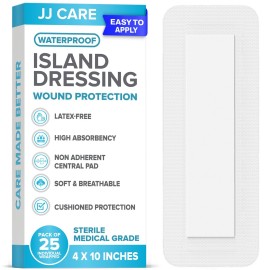 JJ CARE Waterproof Adhesive Island Dressing [Pack of 25], 4 x 10 Sterile Bordered Gauze, Breathable Island Wound Dressing, Individually Wrapped Adhesive Gauze Bandages with Non-Stick Central Pad