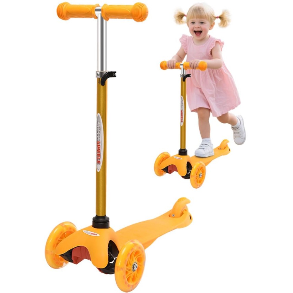 ChromeWheels Scooter for Kids, Deluxe 3 Wheel Scooter for Toddlers 4 Adjustable Height Glider with Kick Scooters, Lean to Steer with LED Flashing Light for Ages 3-6 Girls Boys, Yellow