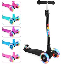 BELEEV Scooters for Kids 3 Wheel Kick Scooter for Toddlers Girls Boys, 4 Adjustable Height, Lean to Steer, Light up Wheels, Extra-Wide Deck, Easy to Assemble for Children Ages 3-12 (Matte Black)