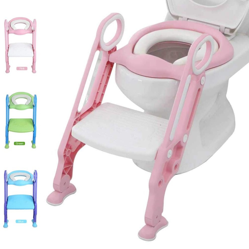 Potty Training Toilet Seat with Step Stool Ladder for Kid and Baby, Adjustable Toddler Toilet Training Seat with Soft Padded Seat, Safe Handles and Non-Slip Wide Steps, Pink White for Girls