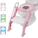 Potty Training Toilet Seat with Step Stool Ladder for Kid and Baby, Adjustable Toddler Toilet Training Seat with Soft Padded Seat, Safe Handles and Non-Slip Wide Steps, Pink White for Girls