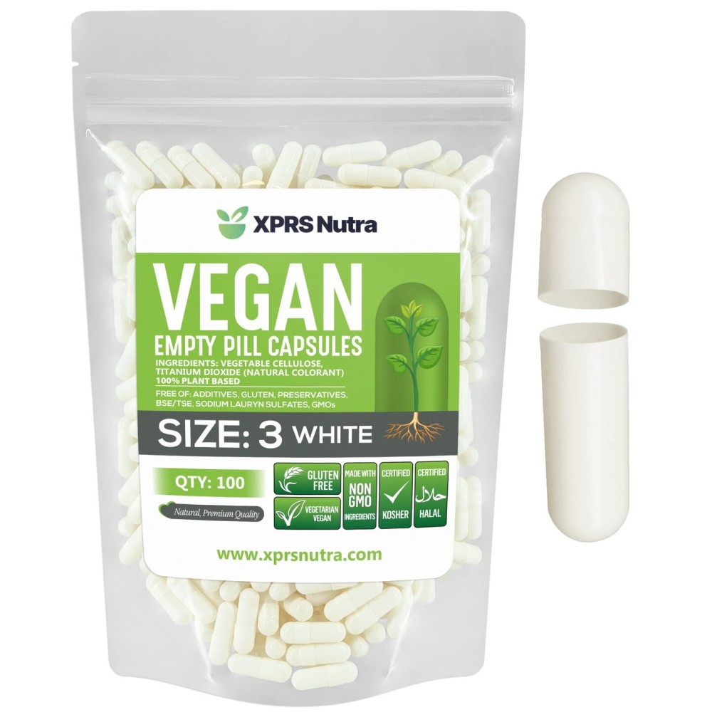 XPRS Nutra Size 3 Empty Capsules - 100 Count Empty Vegan - Vegetarian Pills - DIY Vegetable Capsules Filling - Veggie Pill Caps (White)