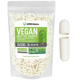 XPRS Nutra Size 3 Empty Capsules - 500 Count Empty Vegan - Vegetarian Pills - DIY Vegetable Capsule Filling - Veggie Pill Caps (White)