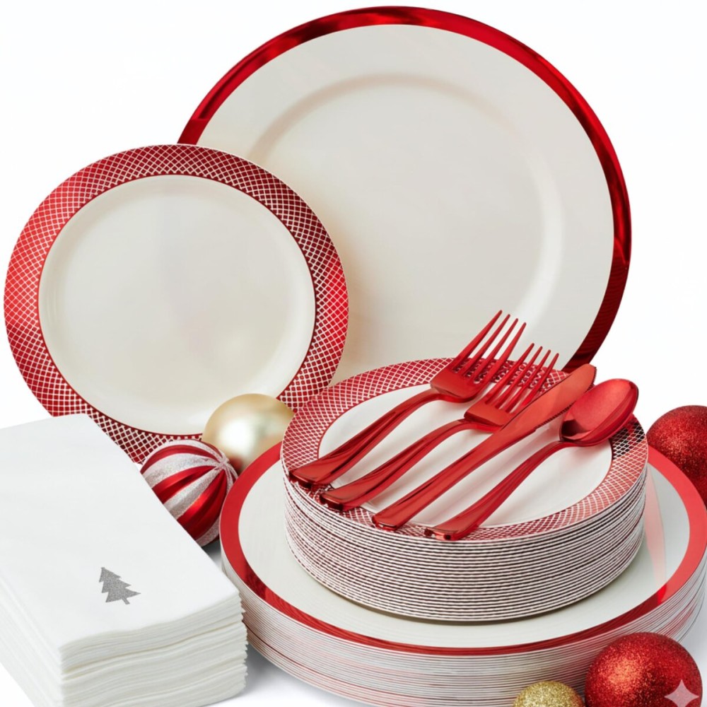 By Madee HEAVYWEIGHT 175 Pc Christmas Plates and Napkins | Ivory with Red Trim Plastic Christmas Disposable Dinnerware Set with Silverware & Linen-Like Premium Napkins for the Holidays (25 Guests)