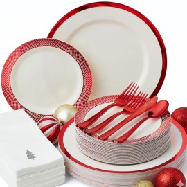 By Madee HEAVYWEIGHT 175 Pc Christmas Plates and Napkins | Ivory with Red Trim Plastic Christmas Disposable Dinnerware Set with Silverware & Linen-Like Premium Napkins for the Holidays (25 Guests)