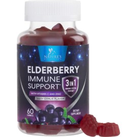 Elderberry Gummies - Black Elderberry Extract Immune Support Gummy with Vitamin C, D3 and Zinc for Kids & Adults, Immune Health Support Supplement Gummy, Black Elder Berry Vitamins - 60 Gummies