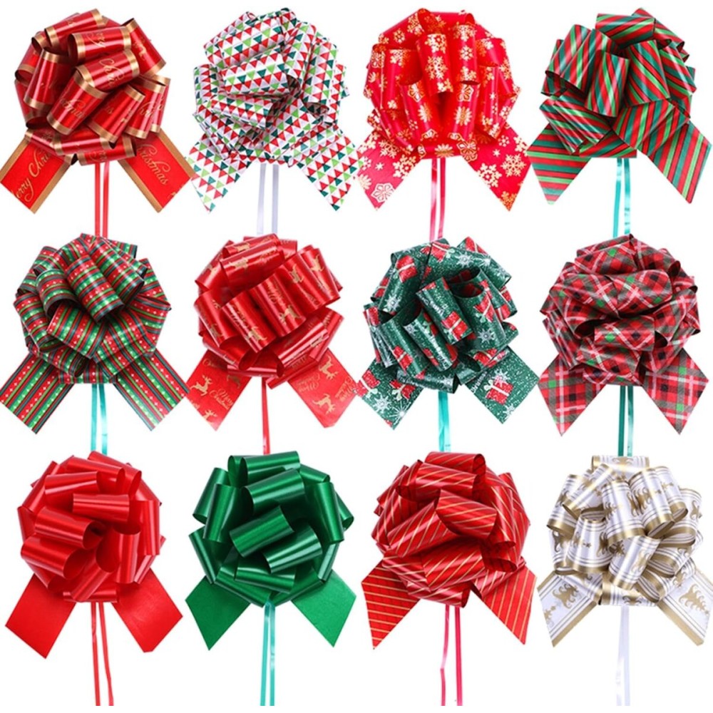 PintreeLand 12PCS Christmas Gift Wrap Bows with Ribbon 5inch for Xmas Wrapping, Christmas Decorations, Florist Wrap (12PCS)