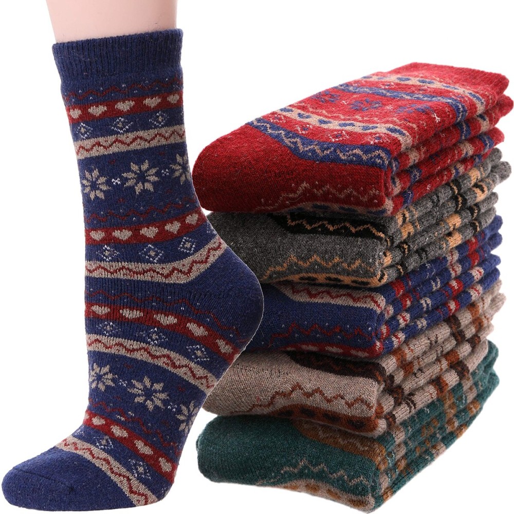 ANTSANG Wool Socks for Women Merino Hiking Warm Thick Winter Boot Comfy Crew Thermal Cozy Cabin Heavy Work Soft Ladies Socks 5 Pairs(Snowflake)
