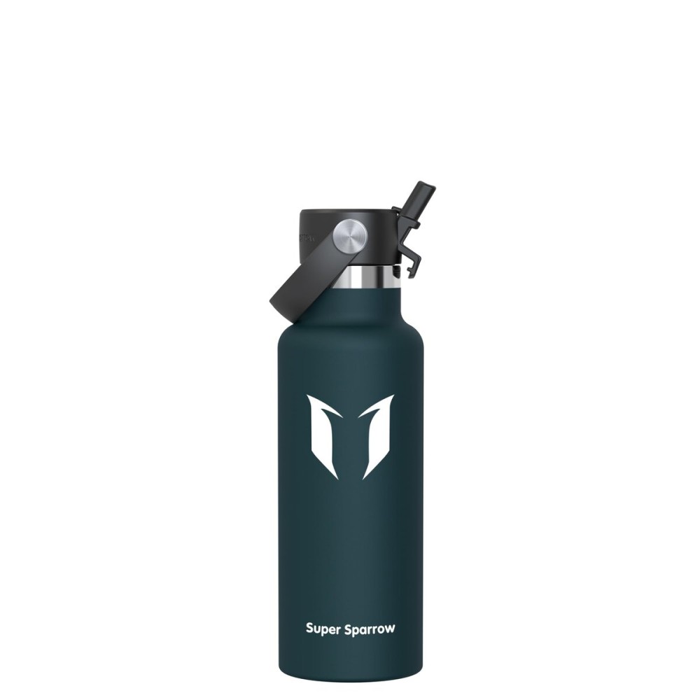 Super Sparrow Insulated Water Bottle - 17 Oz - Standard Mouth FlipFlow Flask - BPA Free, Leak Proof Drink Bottle- Ergonomic Straw Water Bottles for Work, Gym, Travel, Sports
