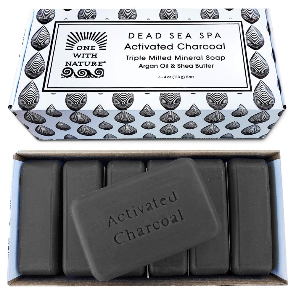 One With Nature Activated Charcoal Soap 4oz 6-Pack Gift Box - Detoxifying and Exfoliating Charcoal Soap Bar with Dead Sea Salt for Face & Body, for Men & Women