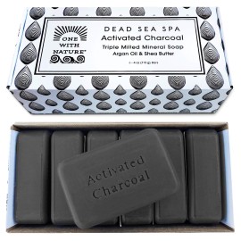 One With Nature Activated Charcoal Soap 4oz 6-Pack Gift Box - Detoxifying and Exfoliating Charcoal Soap Bar with Dead Sea Salt for Face & Body, for Men & Women