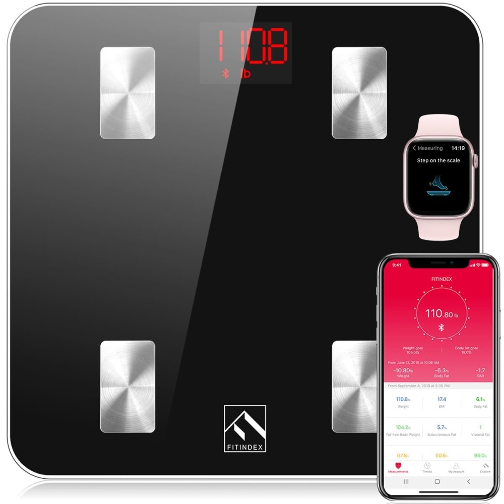 FITINDEX Scale with BMI, Body Fat, Muscle Mass, Smart Scale for Body Weight, Bluetooth, Digital, Sync with App, User Health Equipment