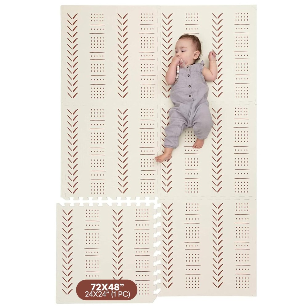 Childlike Behavior XL Baby Play Mat - 72 x 48-Inch Puzzle Play Mat with 6 Foam Floor Tiles - Interlocking Tummy Time Mats for Toddlers and Infants Playpen - Waterproof and Soft Crawling Mats - Beige